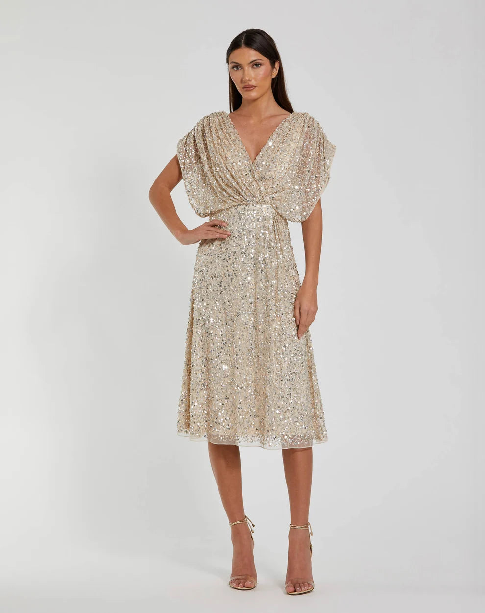 Champagne Sequin A-Line V-Neck Scoop Back Midi Dress