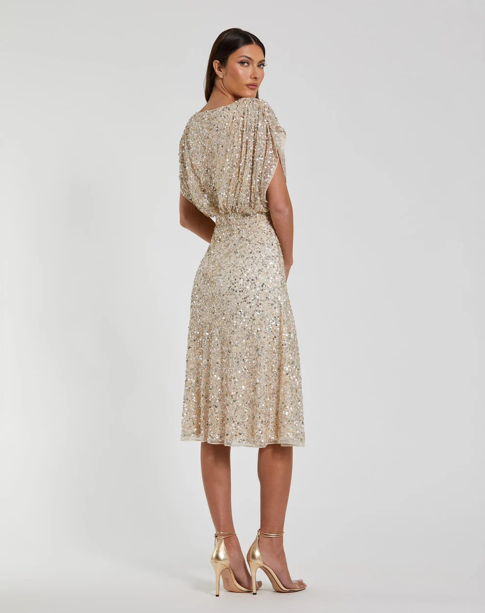 Champagne Sequin A-Line V-Neck Scoop Back Midi Dress