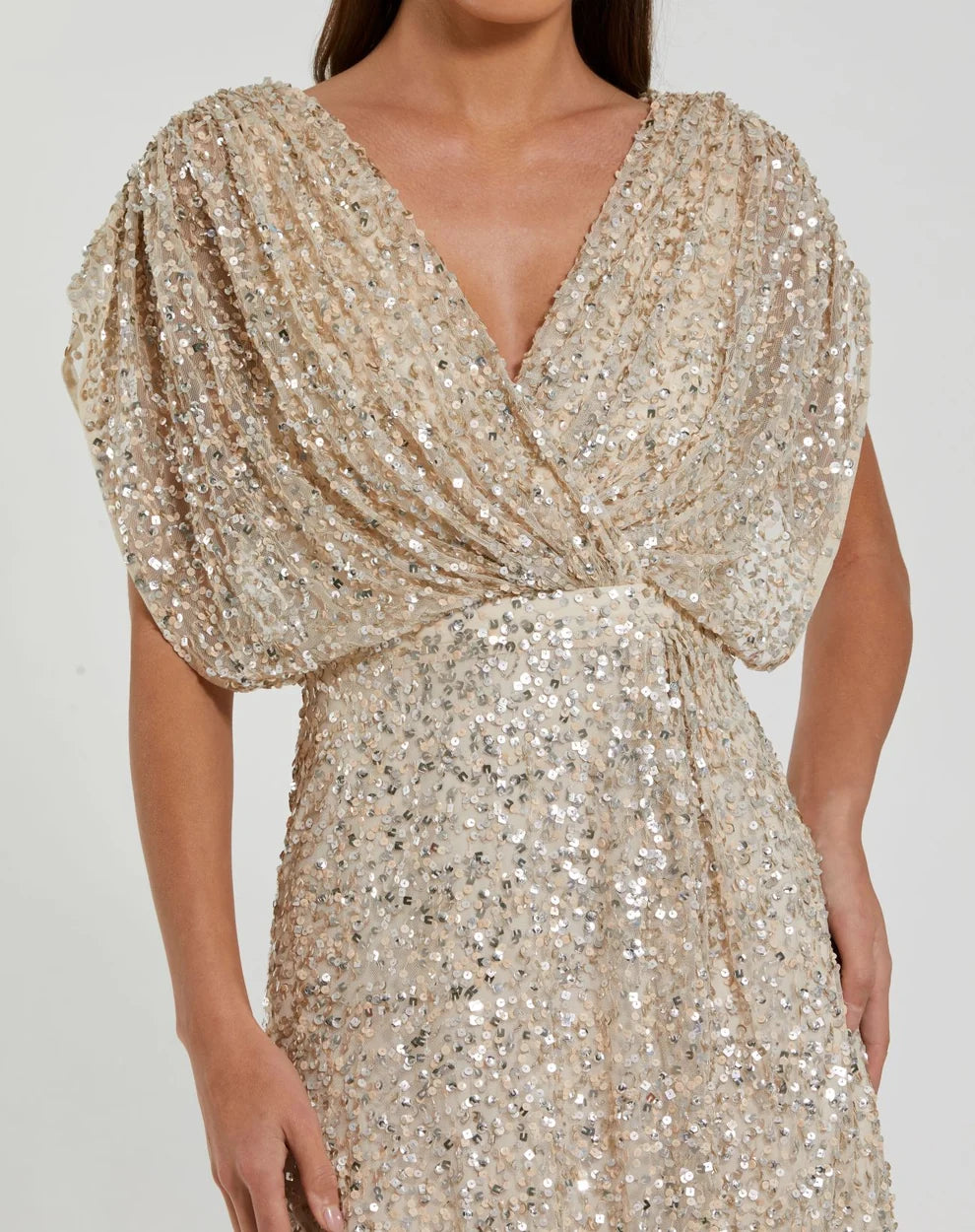 Champagne Sequin A-Line V-Neck Scoop Back Midi Dress