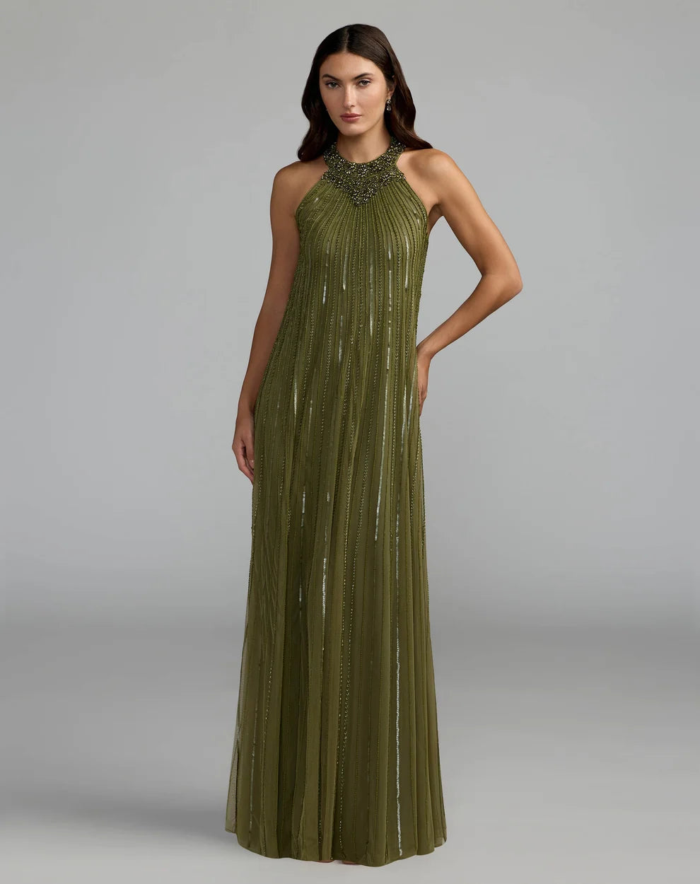 Olive Green Mesh with Sequins Sheath Halter Neck High Back Floor Length Dress