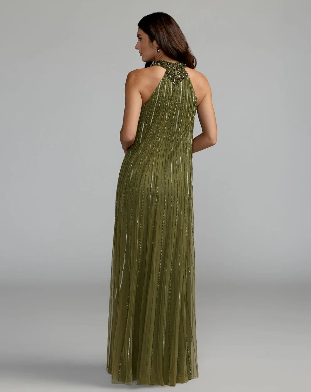 Olive Green Mesh with Sequins Sheath Halter Neck High Back Floor Length Dress