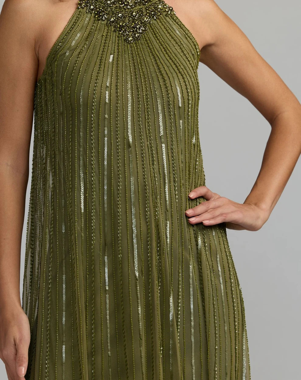 Olive Green Mesh with Sequins Sheath Halter Neck High Back Floor Length Dress
