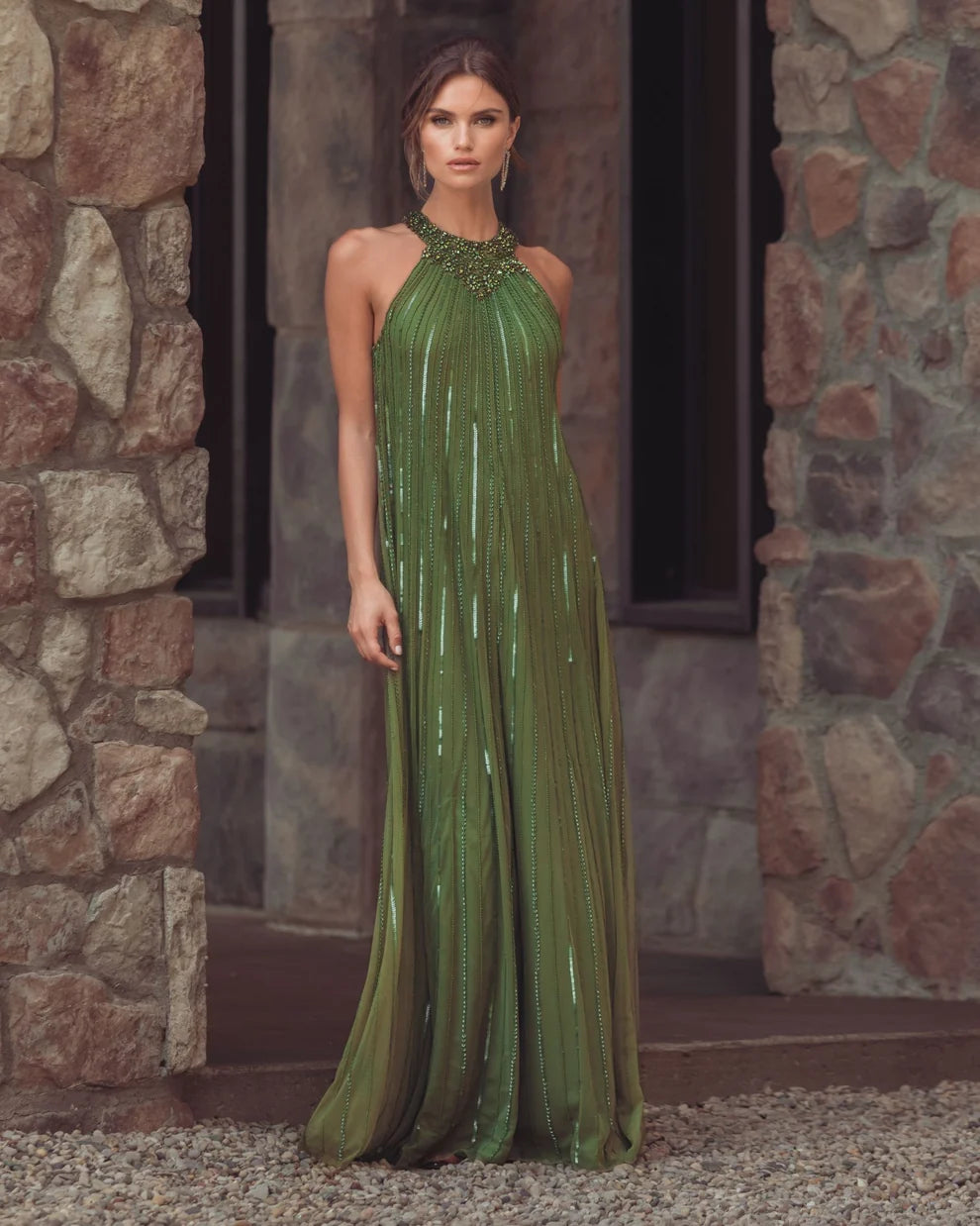 Olive Green Mesh with Sequins Sheath Halter Neck High Back Floor Length Dress