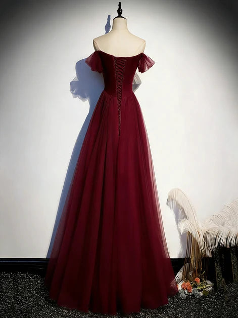 Burgundy Tulle A-Line Off-the-Shoulder Lace-Up Back Floor-Length Dress