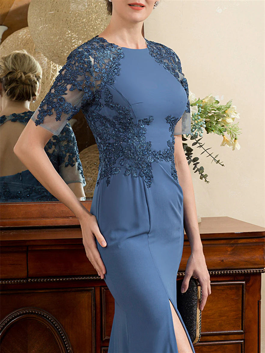 Trumpet Short Sleeves Ankle-Length Mother Of The Bride Dresses With Slit