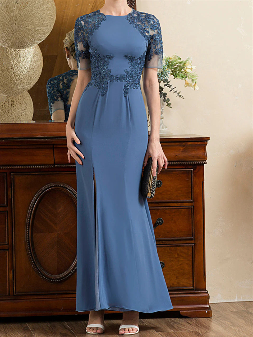 Trumpet Short Sleeves Ankle-Length Mother Of The Bride Dresses With Slit