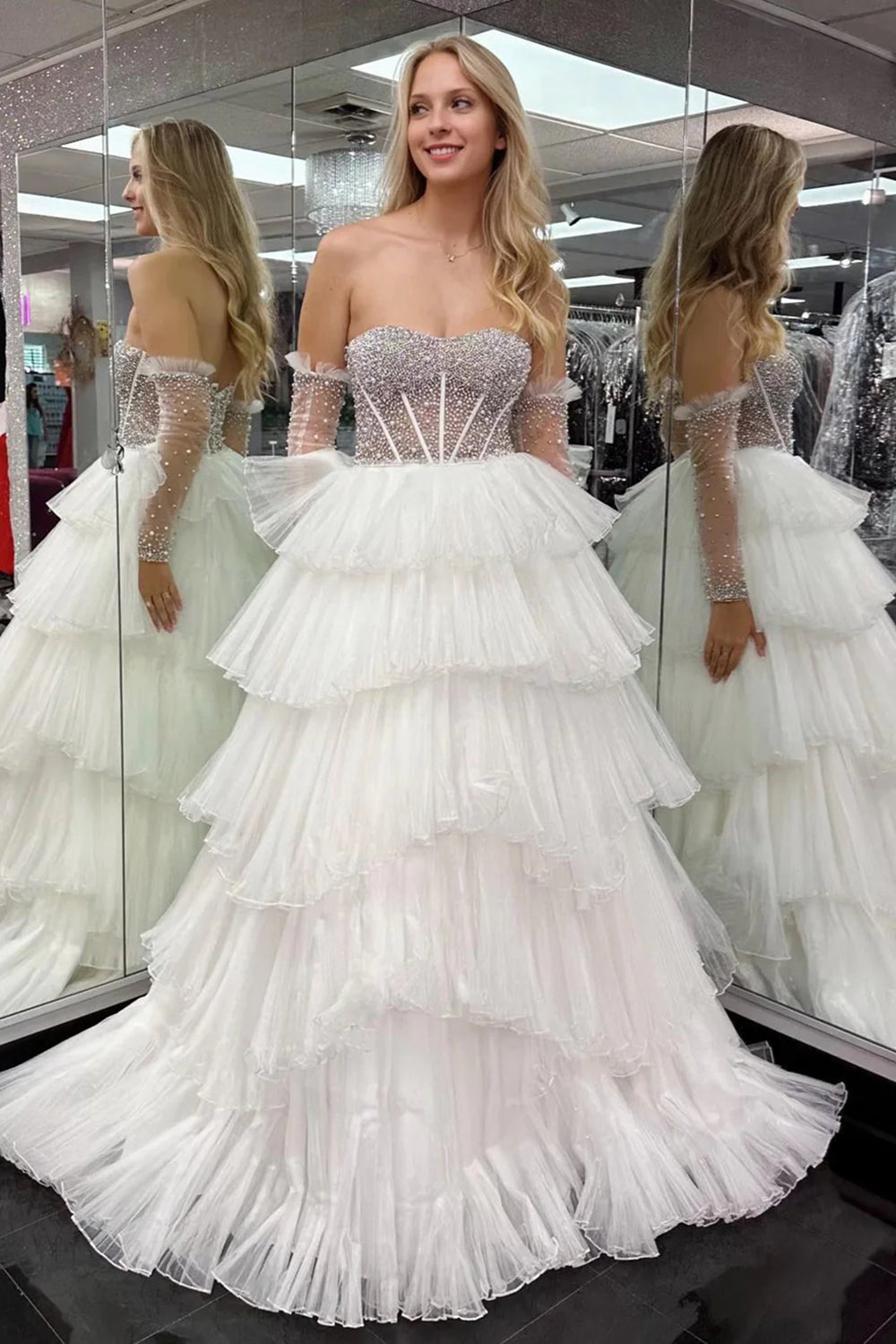Weitese Princess A Line Sweetheart White Corset Corset Prom Dress with Pearls