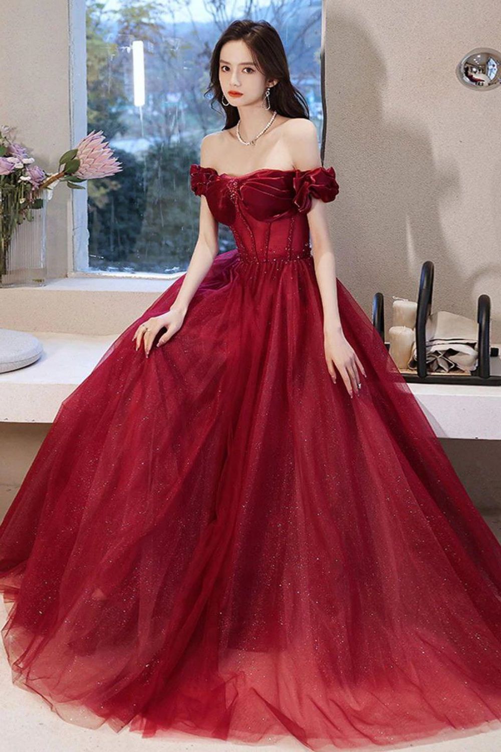 Weitese Beautiful A Line Off the Shoulder Burgundy Long Prom Dress with Appliques