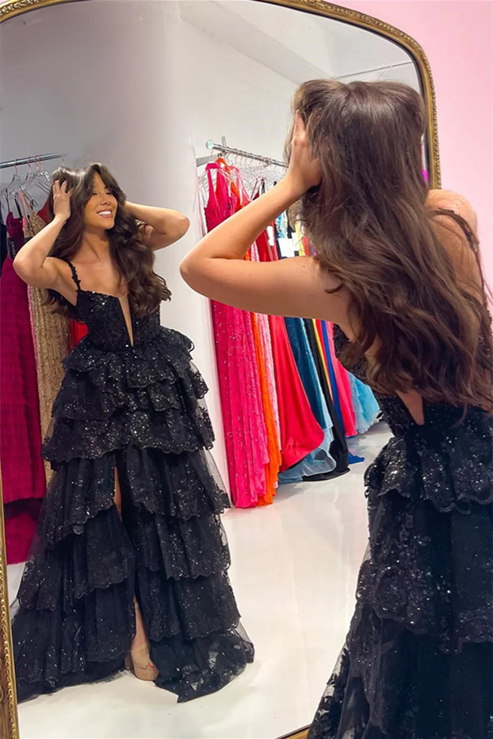 Weitese Luxurious A Line Spaghetti Straps Black Corset Prom Dress with Ruffles