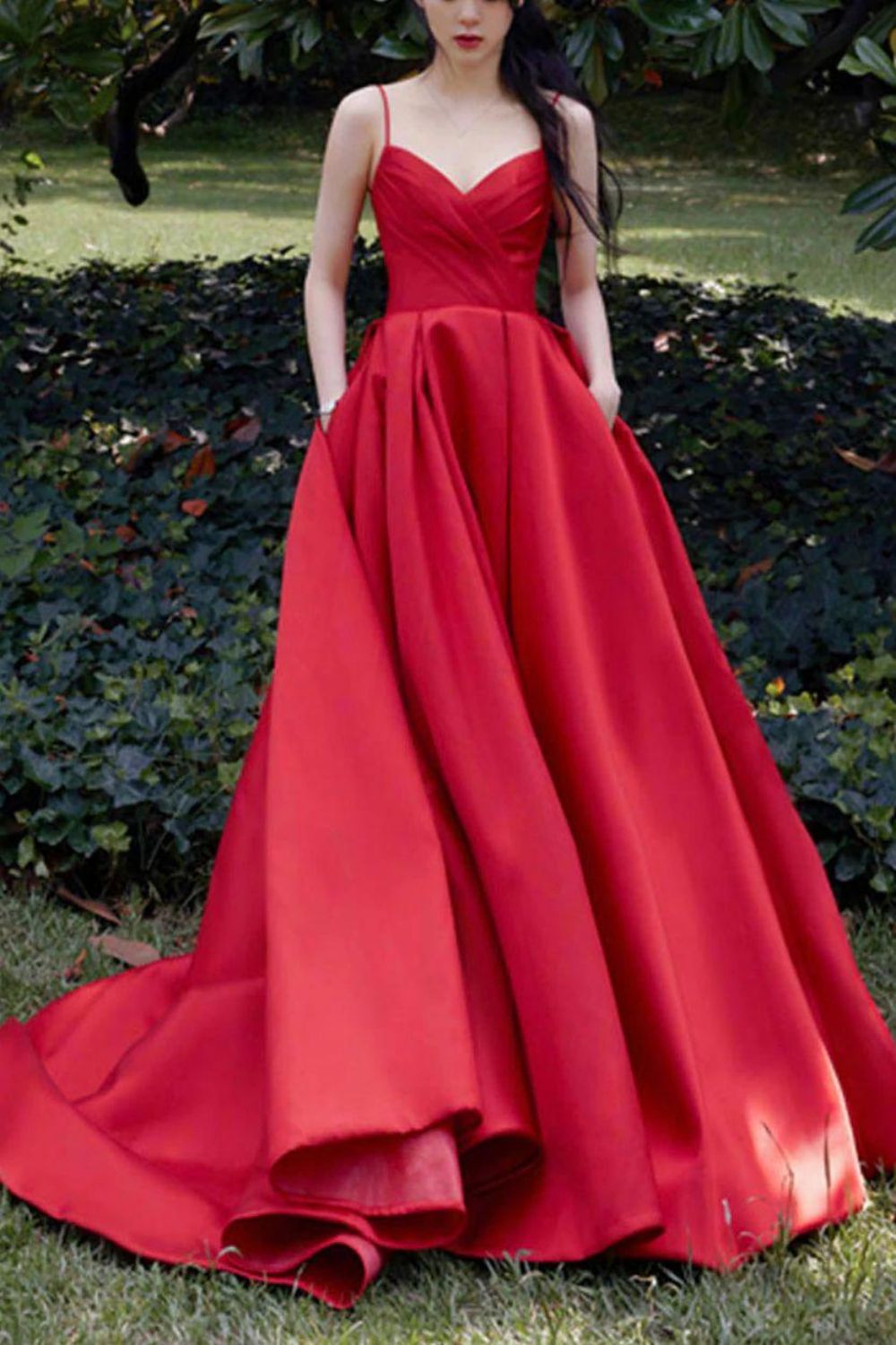 Weitese Classic A Line Spaghetti Straps Red Long Prom Dress Party Dress