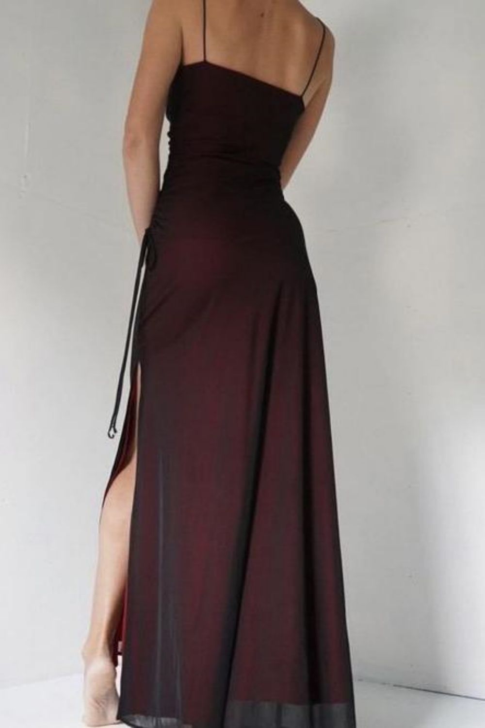 Weitese Sheath Spaghetti Straps Burgundy Long Prom Dress with Silt