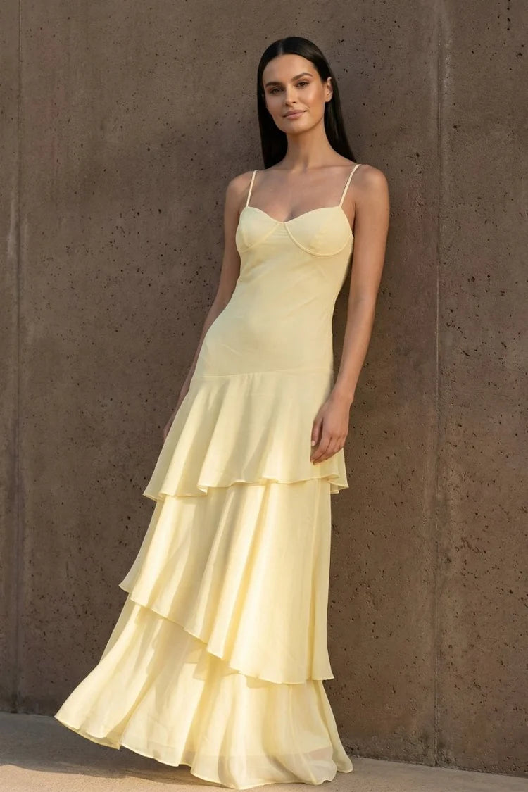 Butter Chiffon Tiered Sweetheart Lace-Up Back Floor-Length Dress