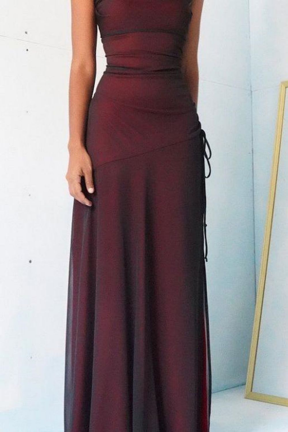 Weitese Sheath Spaghetti Straps Burgundy Long Prom Dress with Silt