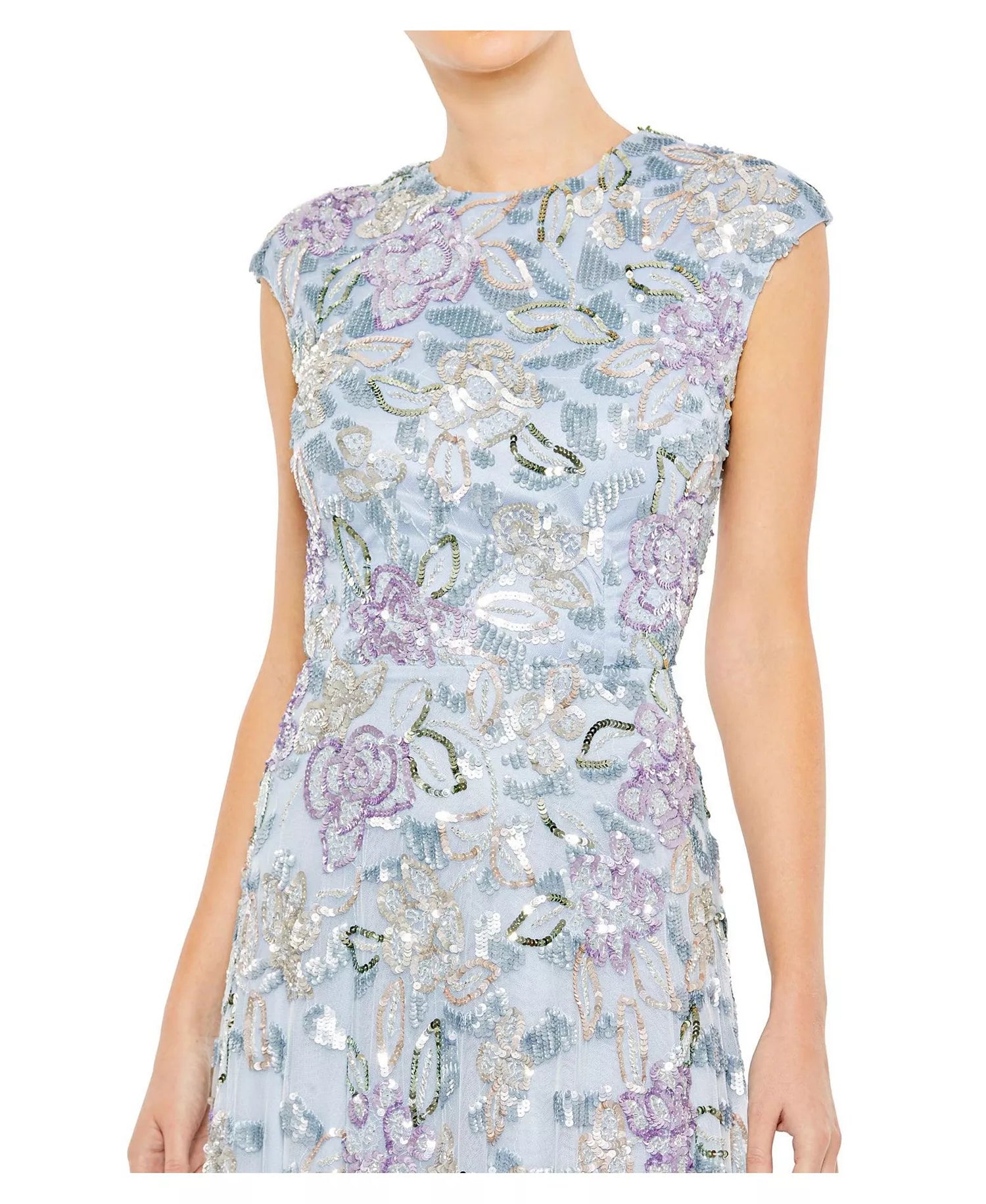 Sky Blue Mesh with Floral Sequins Sheath High Neck Floor-Length Dress