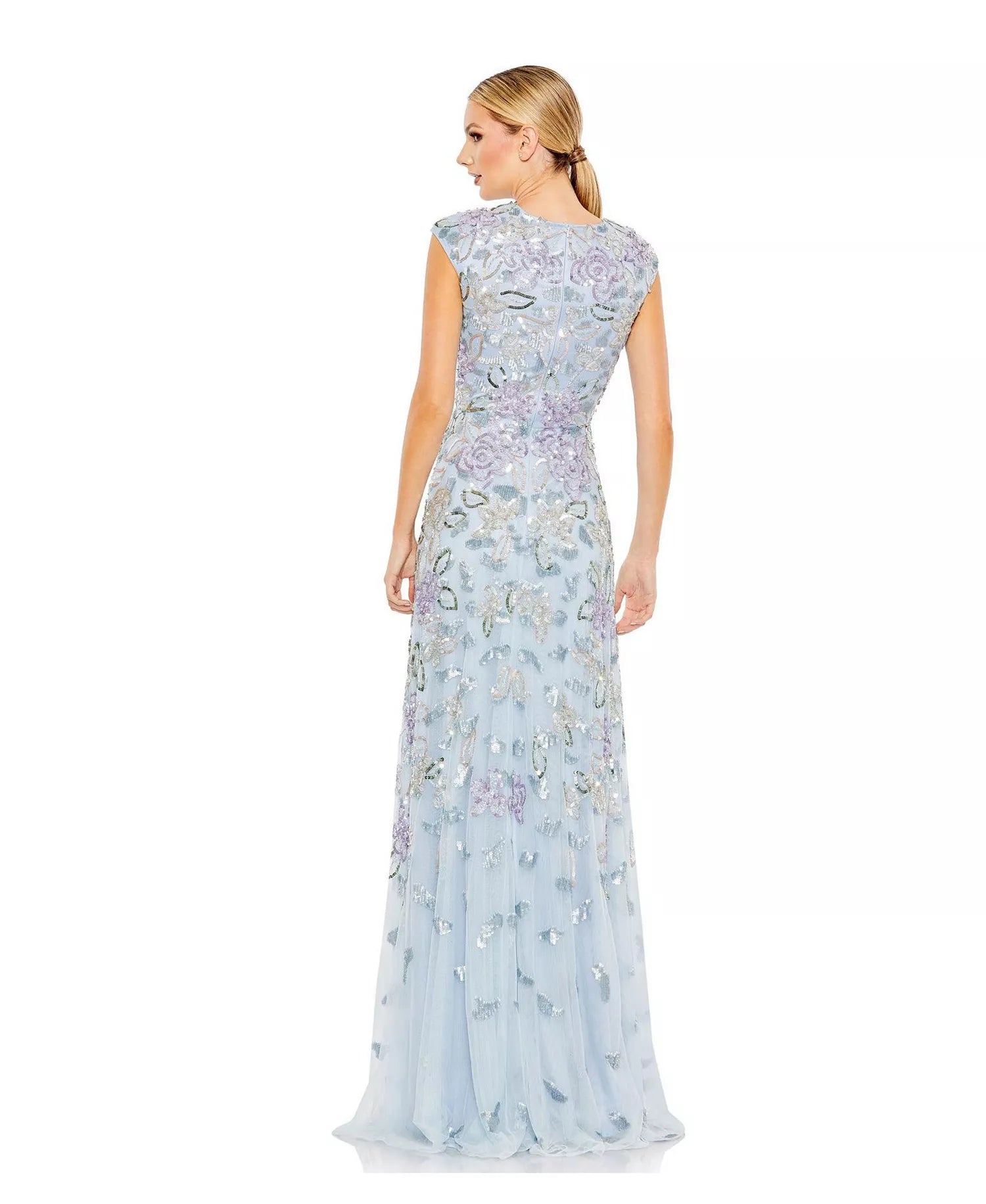 Sky Blue Mesh with Floral Sequins Sheath High Neck Floor-Length Dress