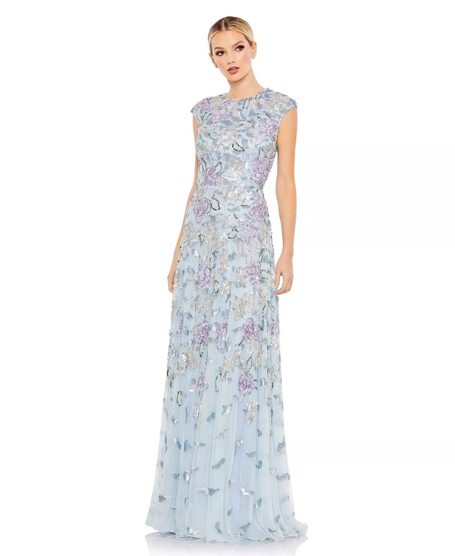 Sky Blue Mesh with Floral Sequins Sheath High Neck Floor-Length Dress