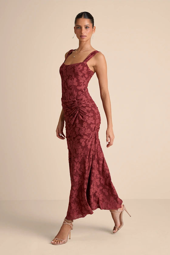 Cinnamon Mesh Sheath-Column Square Neck Zipper Back Ankle Length Dress