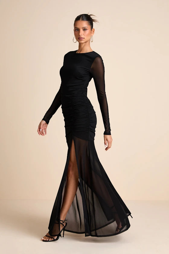Black Stretch Knit & Mesh Bodycon Boat Neck Keyhole Back Floor Length Dress
