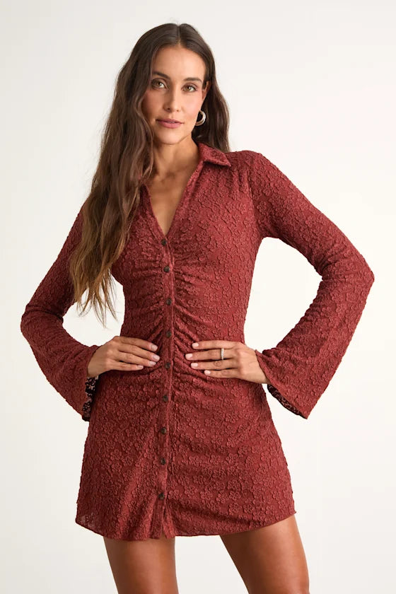 Rust Lace Bodycon V-Neck High Back Mini Dress