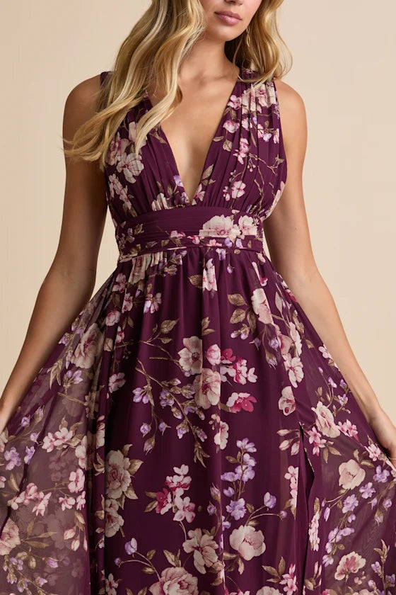 Plum Floral Chiffon A-Line Plunging V-Neck Low V-Back Floor-Length Dress