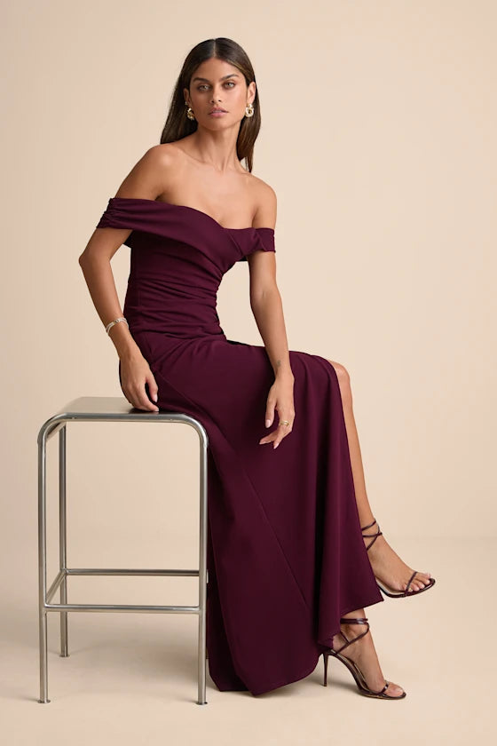 Cabernet Crepe sheath-column off-the-shoulder zipper-back floor-length Dress