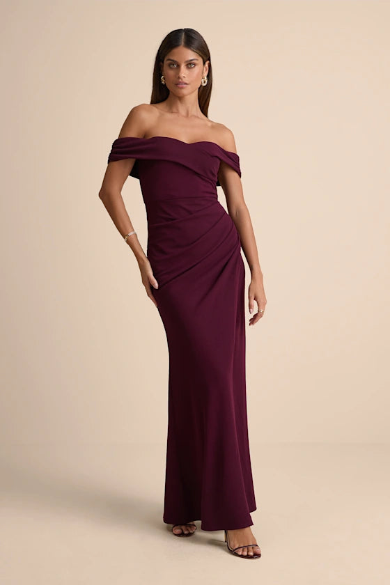 Cabernet Crepe sheath-column off-the-shoulder zipper-back floor-length Dress