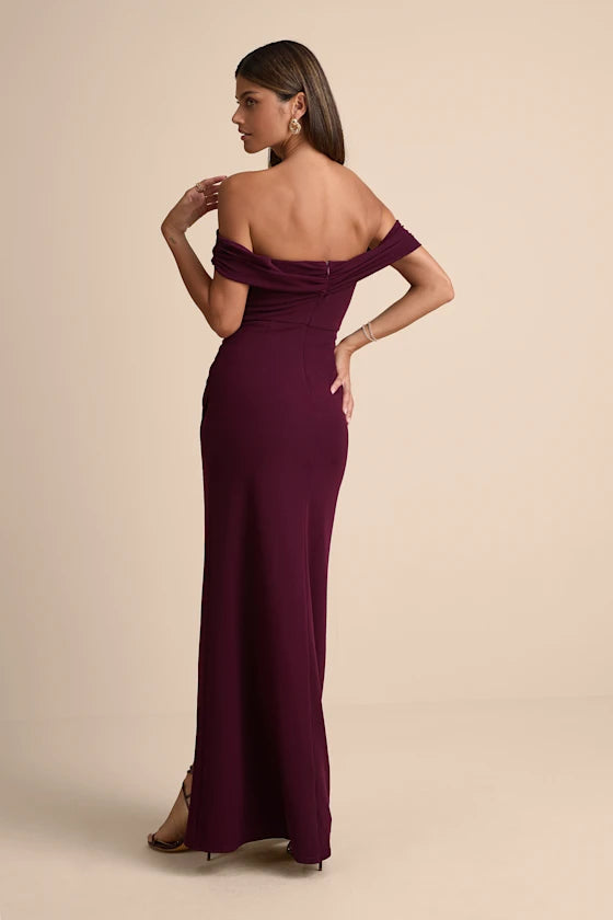 Cabernet Crepe sheath-column off-the-shoulder zipper-back floor-length Dress