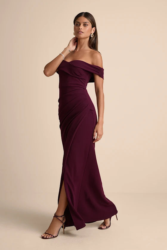 Cabernet Crepe sheath-column off-the-shoulder zipper-back floor-length Dress