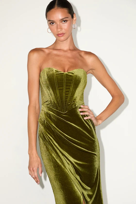Olive Green Velvet Sheath Sweetheart Zipper Back Midi Dress