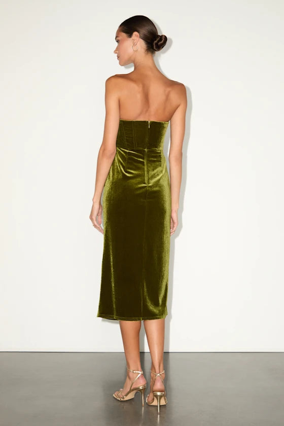 Olive Green Velvet Sheath Sweetheart Zipper Back Midi Dress