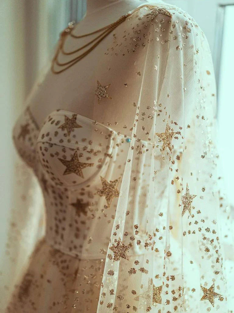 Champagne A line tulle long prom dress tulle Star long formal evening dress