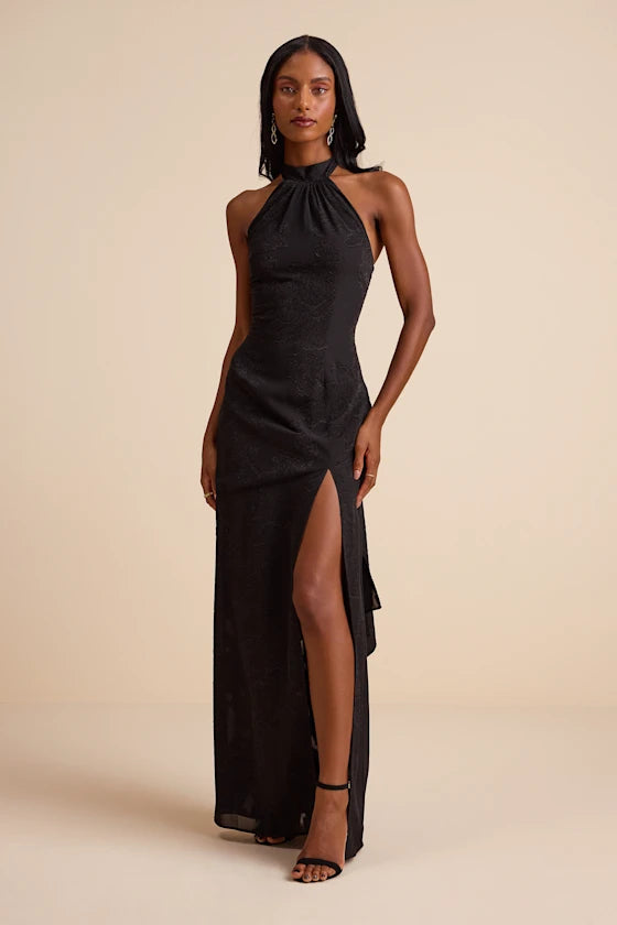 Black Jacquard Sheath Halter Tie-Back / Open Back Floor-Length Dress