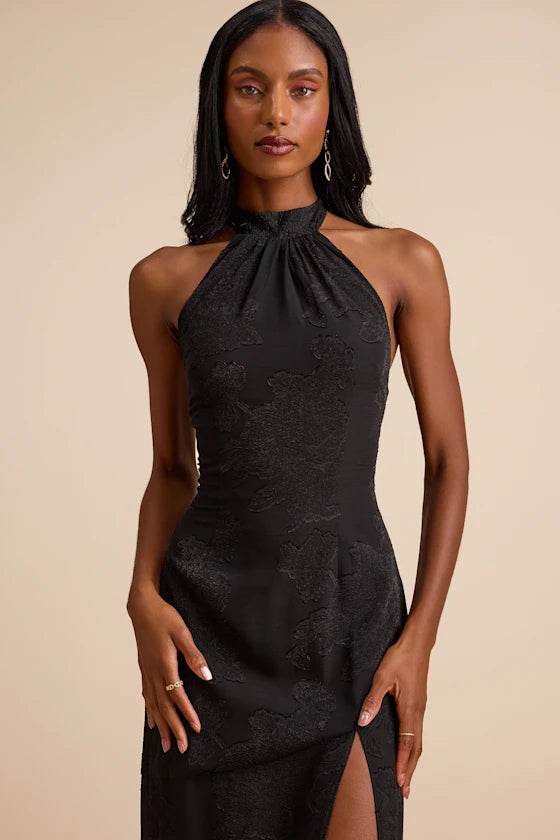 Black Jacquard Sheath Halter Tie-Back / Open Back Floor-Length Dress