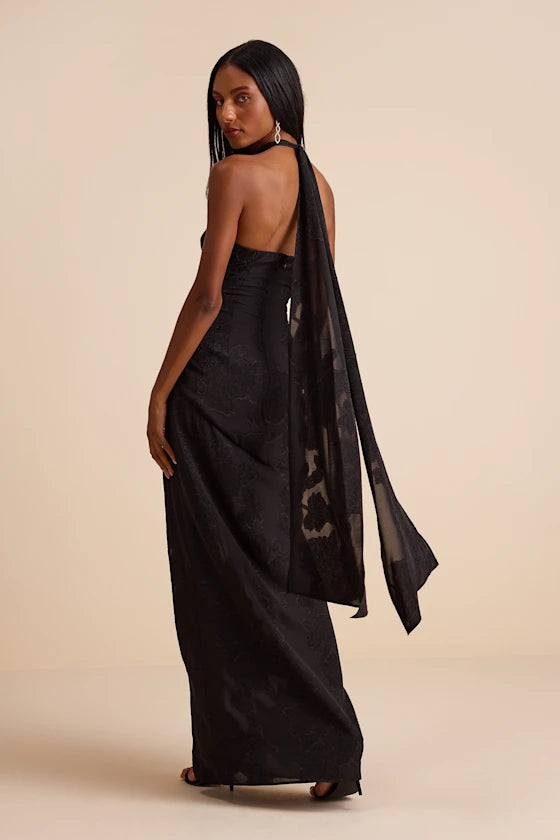 Black Jacquard Sheath Halter Tie-Back / Open Back Floor-Length Dress