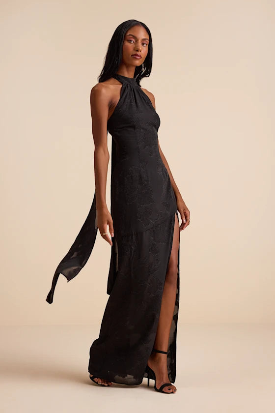 Black Jacquard Sheath Halter Tie-Back / Open Back Floor-Length Dress