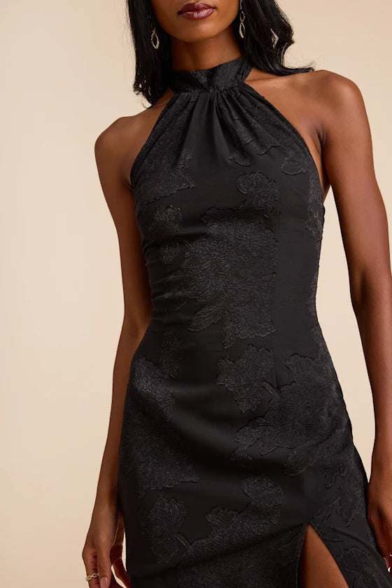 Black Jacquard Sheath Halter Tie-Back / Open Back Floor-Length Dress