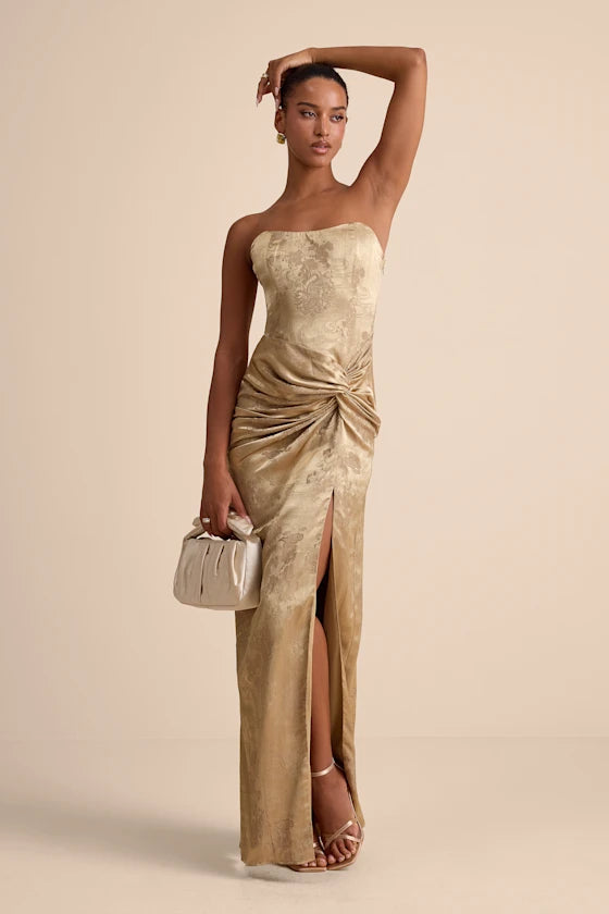 Gold Satin Sheath Straight Across Lace-Up Back Floor Length Dress