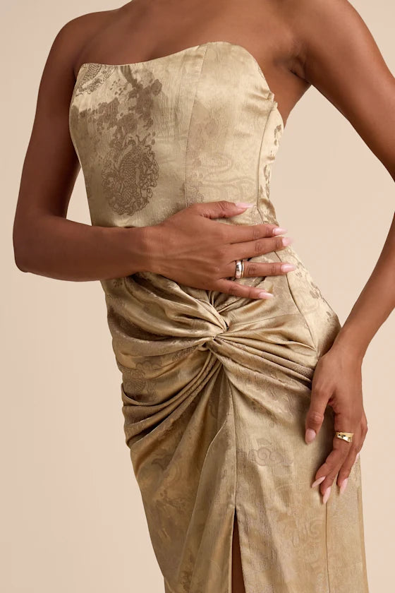 Gold Satin Sheath Straight Across Lace-Up Back Floor Length Dress