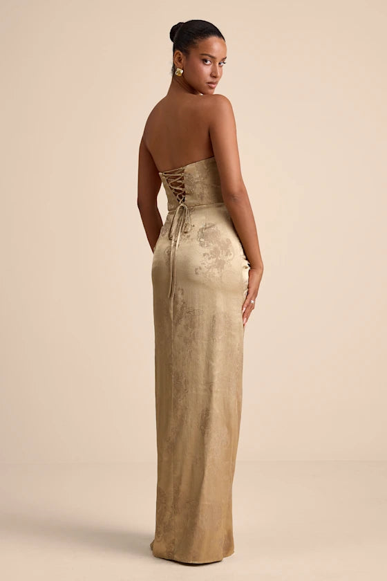 Gold Satin Sheath Straight Across Lace-Up Back Floor Length Dress