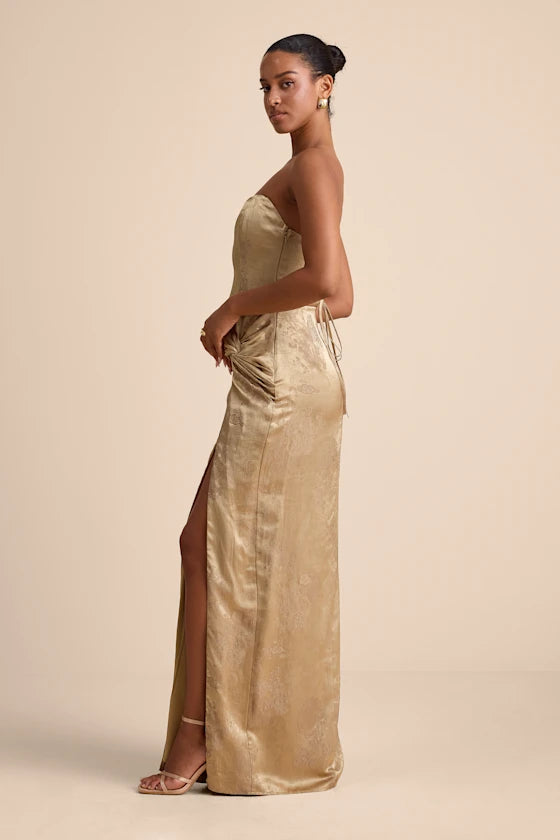Gold Satin Sheath Straight Across Lace-Up Back Floor Length Dress