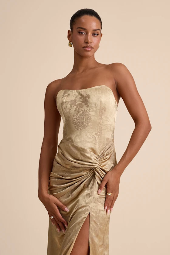 Gold Satin Sheath Straight Across Lace-Up Back Floor Length Dress