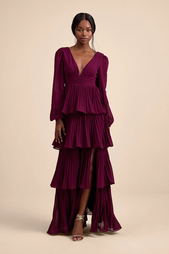 Cabernet Pleated Chiffon Tiered Plunging V-Neck V-Back Floor-Length Dress