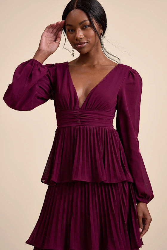 Cabernet Pleated Chiffon Tiered Plunging V-Neck V-Back Floor-Length Dress
