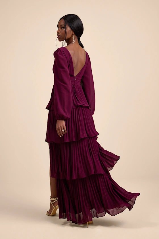 Cabernet Pleated Chiffon Tiered Plunging V-Neck V-Back Floor-Length Dress
