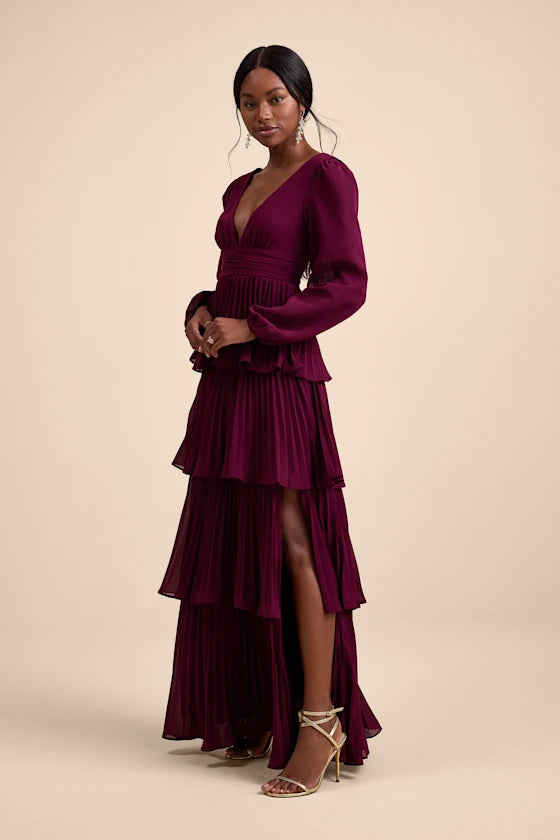Cabernet Pleated Chiffon Tiered Plunging V-Neck V-Back Floor-Length Dress