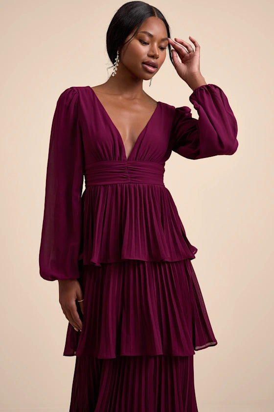 Cabernet Pleated Chiffon Tiered Plunging V-Neck V-Back Floor-Length Dress