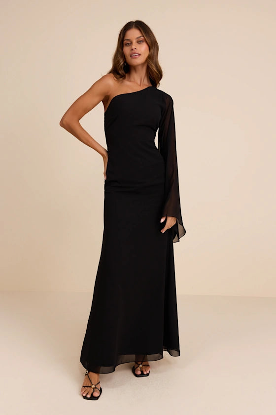 Black Chiffon Sheath One Shoulder Zipper Back Floor-Length Dress