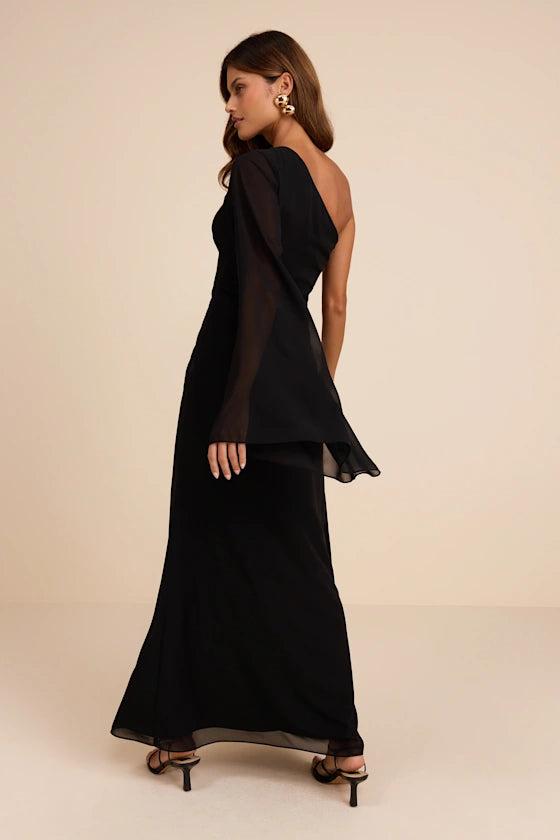 Black Chiffon Sheath One Shoulder Zipper Back Floor-Length Dress