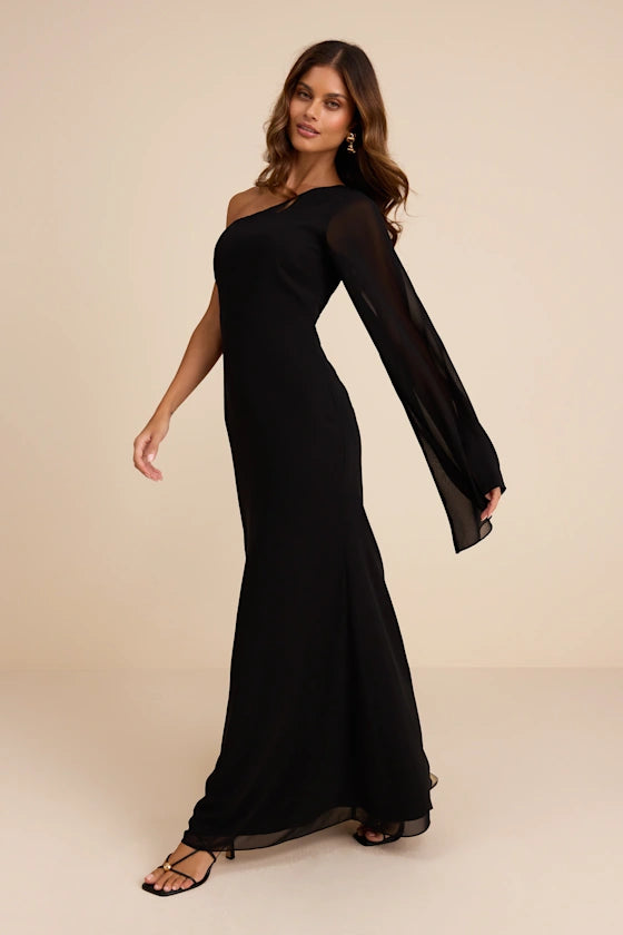 Black Chiffon Sheath One Shoulder Zipper Back Floor-Length Dress