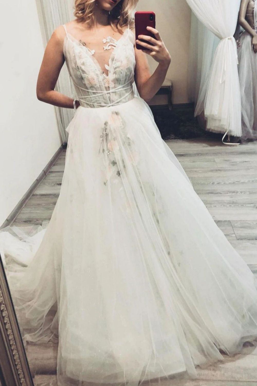 Weitese Gorgeous A Line V Neck White Wedding Dress with Appliques